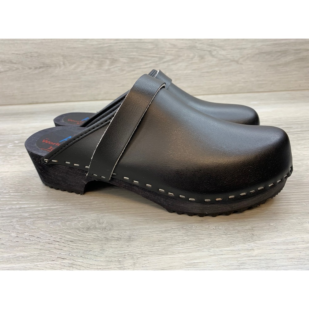 AM Toffeln Black Leather Wooden Platform Mules 8 Casual Shoes